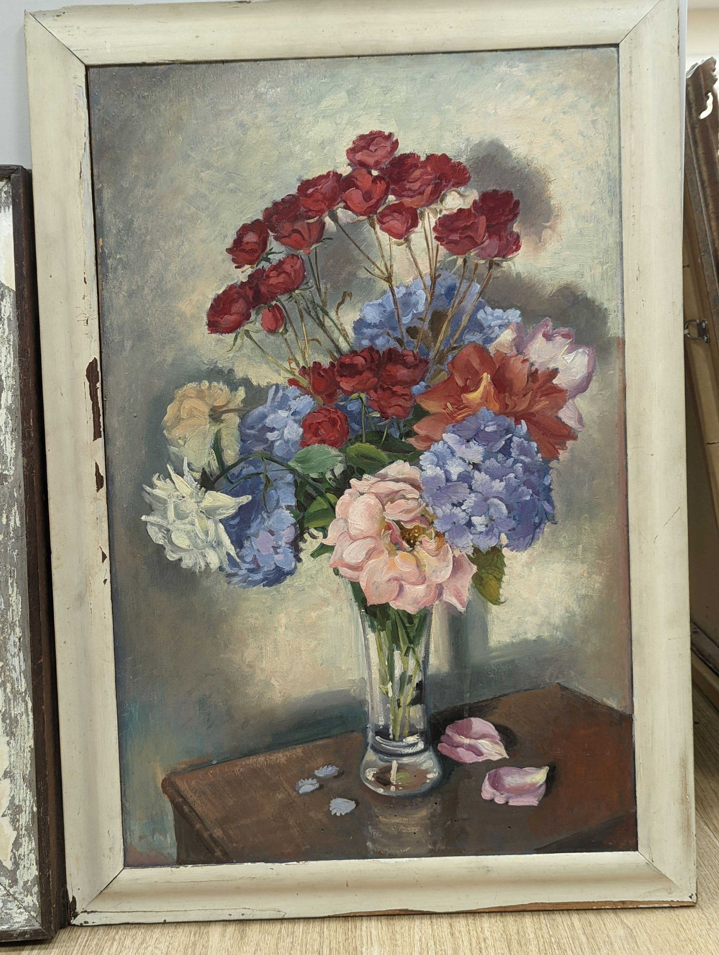 Henry James Neave, five assorted oil still lifes, mostly flowers in vases, one signed, largest 60 x 40cm